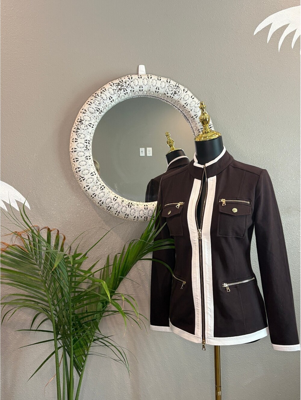 Brown and White Contrast Zip-Up Jacket with Pockets